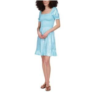 Michael Kors Women Turquoise Jersey Smocked Peasant Fit & Flare Dress Size S